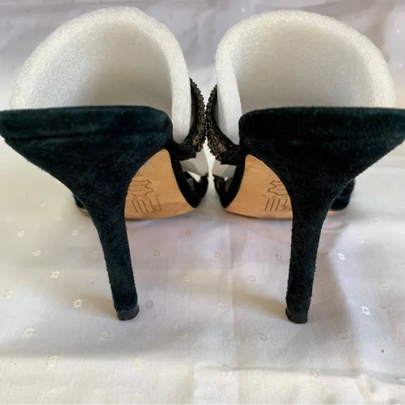 Black Suede Dressy Formal Sexy High Heel Leather Sandals Rhinestone Size 7.5 EUC - Picture 4 of 6